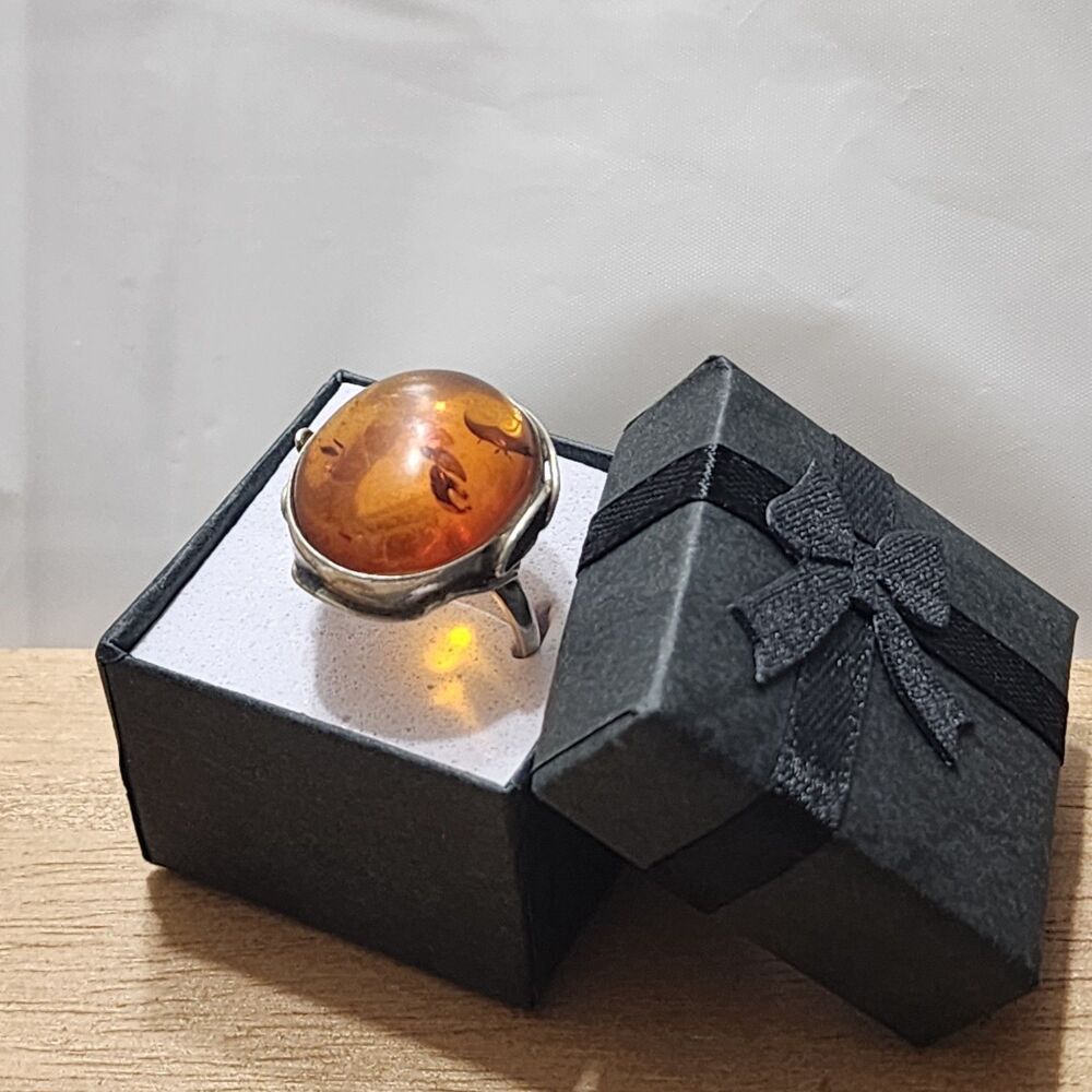 .925 Sterling Silver Baltic Amber Solitaire Sz 9 Ring Vintage Statement Style